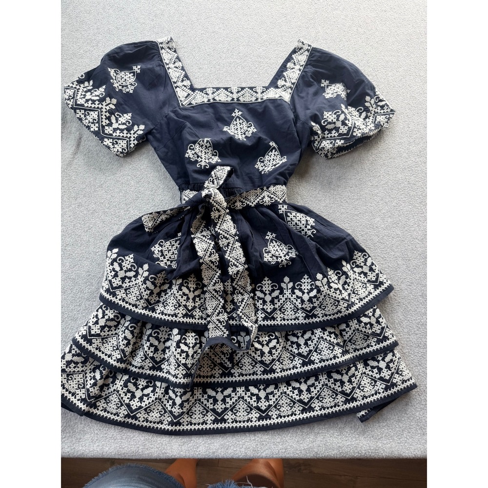 Boden Navy Blue Embroidered Cotton Tiered Mini Dress Square Neck Puff Sleeve 4